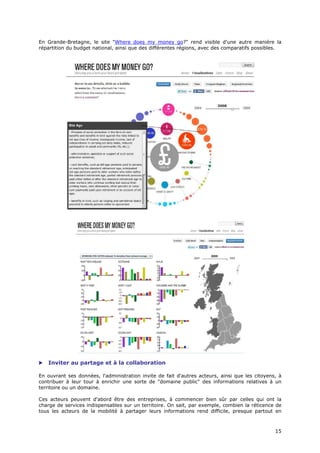 En Grande-Bretagne, le site "Where does my money go?" rend visible d'une autre manière la
répartition du budget national, ainsi que des différentes régions, avec des comparatifs possibles.




   Inviter au partage et à la collaboration

En ouvrant ses données, l'administration invite de fait d'autres acteurs, ainsi que les citoyens, à
contribuer à leur tour à enrichir une sorte de "domaine public" des informations relatives à un
territoire ou un domaine.

Ces acteurs peuvent d'abord être des entreprises, à commencer bien sûr par celles qui ont la
charge de services indispensables sur un territoire. On sait, par exemple, combien la réticence de
tous les acteurs de la mobilité à partager leurs informations rend difficile, presque partout en



                                                                                                1
                                                                                                15
                                                                                                5
 