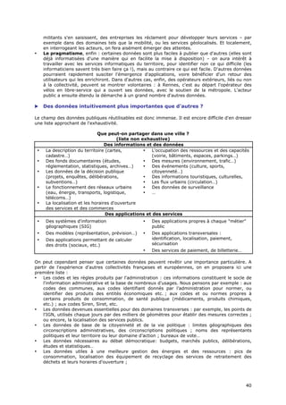 militants s'en saisissent, des entreprises les réclament pour développer leurs services – par
        exemple dans des domaines tels que la mobilité, ou les services géolocalisés. Et localement,
        en interrogeant les acteurs, on fera aisément émerger des attentes.
•       Le pragmatisme, enfin : certaines données sont plus faciles à publier que d'autres (elles sont
        déjà informatisées d'une manière qui en facilite la mise à disposition) – on aura intérêt à
        travailler avec les services informatiques du territoire, pour identifier non ce qui difficile (les
        informaticiens savent très bien faire ça !), mais au contraire ce qui est facile. D'autres données
        pourraient rapidement susciter l'émergence d'applications, voire bénéficier d'un retour des
        utilisateurs qui les enrichiront. Dans d'autres cas, enfin, des opérateurs extérieurs, liés ou non
        à la collectivité, peuvent se montrer volontaires : à Rennes, c'est au départ l'opérateur des
        vélos en libre-service qui a ouvert ses données, avec le soutien de la métropole. L'acteur
        public a ensuite étendu la démarche à un grand nombre d'autres données.

       Des données intuitivement plus importantes que d'autres ?

Le champ des données publiques réutilisables est donc immense. Il est encore difficile d'en dresser
une liste approchant de l'exhaustivité.

                                  Que peut-on partager dans une ville ?
                                            (liste non exhaustive)
                                      Des informations et des données
    •    La description du territoire (cartes,          •  L'occupation des ressources et des capacités
         cadastre…)                                        (voirie, bâtiments, espaces, parkings…)
    •    Des fonds documentaires (études,               •  Des mesures (environnement, trafic…)
         réglementation, statistiques, archives…)       •  Des événements (culture, sports,
    •    Les données de la décision publique               citoyenneté…)
         (projets, enquêtes, délibérations,             •  Des informations touristiques, culturelles,
         subventions…)                                  •  Les flux urbains (circulation…)
    •    Le fonctionnement des réseaux urbains          •  Des données de surveillance
         (eau, énergie, transports, logistique,         •  …
         télécoms…)
    •    La localisation et les horaires d'ouverture
         des services et des commerces
                                      Des applications et des services
    •    Des systèmes d'information                    •   Des applications propres à chaque "métier"
         géographiques (SIG)                               public
    •    Des modèles (représentation, prévision…)      •   Des applications transversales :
    •    Des applications permettant de calculer           identification, localisation, paiement,
         des droits (sociaux, etc.)                        sécurisation
                                                       •   Des services de paiement, de billetterie…

On peut cependant penser que certaines données peuvent revêtir une importance particulière. A
partir de l'expérience d'autres collectivités françaises et européennes, on en proposera ici une
première liste :
•   Les codes et les règles produits par l'administration : ces informations constituent le socle de
    l'information administrative et la base de nombreux d'usages. Nous pensons par exemple : aux
    codes des communes, aux codes identifiant donnés par l’administration pour normer, ou
    identifier des produits des entités économiques etc. ; aux codes et ou normes propres à
    certains produits de consommation, de santé publique (médicaments, produits chimiques,
    etc.) ; aux codes Siren, Siret, etc.
•   Les données devenues essentielles pour des domaines transverses : par exemple, les points de
    l'IGN, utilisés chaque jours par des milliers de géomètres pour établir des mesures correctes ;
    ou encore, la localisation des services publics.
•   Les données de base de la citoyenneté et de la vie politique : limites géographiques des
    circonscriptions administratives, des circonscriptions politiques ; noms des représentants
    politiques et leur territoire ou leur domaine d'action ; bureaux de vote…
•   Les données nécessaires au débat démocratique: budgets, marchés publics, délibérations,
    études et statistiques…
•   Les données utiles à une meilleure gestion des énergies et des ressources : pics de
    consommation, localisation des équipement de recyclage des services de retraitement des
    déchets et leurs horaires d'ouverture ;




                                                                                                        4
                                                                                                        40
                                                                                                        0
 