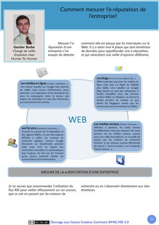 Comment mesurer l'e-réputation de
                                               l'entreprise?



                                    Mesurer l’e-      comment elle est perçue par les internautes sur le
                             réputation d’une         Web. Il y a selon moi 4 places qui sont émettrices
  Chargé de veille           entreprise c’est         de données pour appréhender une e-réputation,
  d'opinion chez             essayer de détecter      et qui nécessitent une veille d’opinion différente.
 Human To Human




Je ne saurais que recommander l’utilisation du        recherche ou en s’abonnant directement aux sites
flux RSS pour veiller efficacement sur ces sources,   émetteurs.
que ce soit en passant par les moteurs de




                                                                                                            20
                                                                                                             2
                               Ouvrage sous licence Creative Commons BY-NC-ND 3.0
 