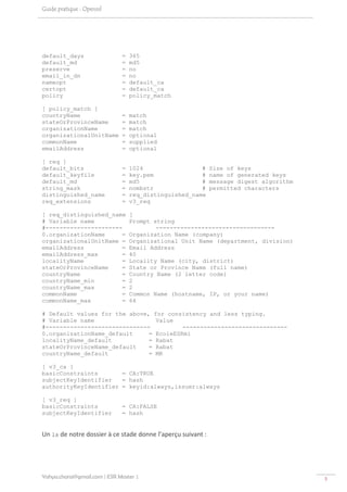 Guide pratique : Openssl




default_days                   =   365
default_md                     =   md5
preserve                       =   no
email_in_dn                    =   no
nameopt                        =   default_ca
certopt                        =   default_ca
policy                         =   policy_match

[ policy_match ]
countryName                    =   match
stateOrProvinceName            =   match
organizationName               =   match
organizationalUnitName         =   optional
commonName                     =   supplied
emailAddress                   =   optional

[ req ]
default_bits                   =   1024                 #     Size of keys
default_keyfile                =   key.pem              #     name of generated keys
default_md                     =   md5                  #     message digest algorithm
string_mask                    =   nombstr              #     permitted characters
distinguished_name             =   req_distinguished_name
req_extensions                 =   v3_req

[ req_distinguished_name           ]
# Variable name                    Prompt string
#----------------------                    ----------------------------------
0.organizationName     =           Organization Name (company)
organizationalUnitName =           Organizational Unit Name (department, division)
emailAddress           =           Email Address
emailAddress_max       =           40
localityName           =           Locality Name (city, district)
stateOrProvinceName    =           State or Province Name (full name)
countryName            =           Country Name (2 letter code)
countryName_min        =           2
countryName_max        =           2
commonName             =           Common Name (hostname, IP, or your name)
commonName_max         =           64

# Default values for the above, for consistency and less typing.
# Variable name                  Value
#------------------------------          ------------------------------
0.organizationName_default     = EcoleESRmi
localityName_default           = Rabat
stateOrProvinceName_default    = Rabat
countryName_default            = MR

[ v3_ca ]
basicConstraints       = CA:TRUE
subjectKeyIdentifier   = hash
authorityKeyIdentifier = keyid:always,issuer:always

[ v3_req ]
basicConstraints               = CA:FALSE
subjectKeyIdentifier           = hash
 
Un ls de notre dossier à ce stade donne l’aperçu suivant : 




Yahya.charai@gmail.com | ESR Master 1                                                    5 
 