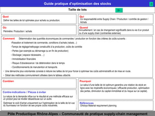 Taille de lots Définir les tailles de lot optimales pour achats ou production. Co responsabilité entre Supply Chain / Production / contrôle de gestion / Achats Périmètre: Production / achats Annuellement / en cas de changement significatifs dans la vie d’un produit ou d’une supply chain (contraintes externes)  Détermination des quantités économiques de commandes / production en fonction des critères de coûts suivants : Passation et traitement de commande, conditions d’achats (rabais…) Temps de réglage/nettoyage consécutifs à la production, coûts de contrôle Pertes (par exemple au démarrage ou en fin de production) Stockage ( espace nécessaire….) Immobilisation financière Risque d’obsolescence / de détérioration dans le temps Conditionnements de manutention et transports Une démarche plus volontariste consiste à réduire les tailles de lot pour forcer à optimiser les coûts administratifs et de mise en route.  Détail des méthodes communément utilisées dans le tableau attaché. La nature de la demande influe sur le résultat et une méthode efficace sur un produit peut se révéler désastreuse sur un autre.  Optimiser le coût d'achat uniquement sur l'optimisation de la taille de lot vue du fournisseur en fonction de ses propre coûts industriels.  Orlickys Material requirement planning Le calcul d’une taille de lot optimum garantira une rotation de stock en ligne avec les impératifs économiques ( efficacité production, optimisation des pertes, diminution du capital immobilisé et du risque sur ce capital). / Pièces à éviter 