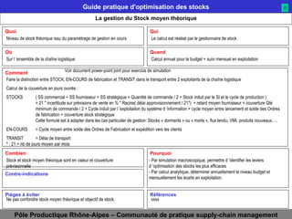La gestion du Stock moyen théorique Niveau de stock théorique issu du paramétrage de gestion en cours  Le calcul est réalisé par le gestionnaire de stock Sur l ’ensemble de la chaîne logistique Calcul annuel pour le budget + suivi mensuel en exploitation Voir document power-point joint pour exercice de simulation Faire la distinction entre STOCK, EN-COURS de fabrication et TRANSIT dans le transport entre 2 exploitants de la chaîne logistique Calcul de la couverture en jours ouvrés : STOCKS ( SS commercial + SS fournisseur + SS stratégique + Quantité de commande / 2 + Stock induit par le SI et le cycle de production ) = 21 * incertitude sur prévisions de vente en % * Racine( délai approvisionnement / 21*)  + retard moyen fournisseur + couverture Qté  minimum de commande / 2 + Cycle induit par l ’exploitation du système d ’information + cycle moyen entre lancement et solde des Ordres  de fabrication + couverture stock stratégique Cette formule est à adapter dans les cas particulier de gestion: Stocks « dormants » ou « morts », flux tendu, VMI, produits nouveaux, ... EN-COURS = Cycle moyen entre solde des Ordres de Fabrication et expédition vers les clients TRANSIT = Délai de transport * : 21 = nb de jours moyen par mois Stock et stock moyen théorique sont en valeur et couverture prévisionnelle - Par simulation macroscopique, permettre d ’identifier les leviers d ’optimisation des stocks les plus efficaces - Par calcul analytique, déterminer annuellement le niveau budget et mensuellement les écarts en exploitation. Ne pas confondre stock moyen théorique et objectif de stock. xxxx 