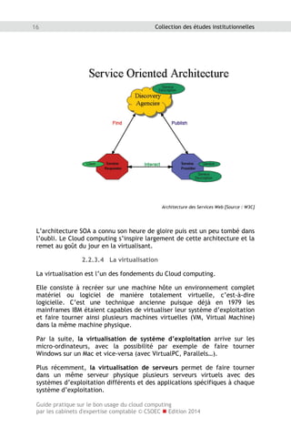 Guide pratique sur le bon usage du cloud computing
par les cabinets d'expertise comptable © CSOEC  Edition 2014
16 Collection des études institutionnelles
Architecture des Services Web [Source : W3C]
L’architecture SOA a connu son heure de gloire puis est un peu tombé dans
l’oubli. Le Cloud computing s’inspire largement de cette architecture et la
remet au goût du jour en la virtualisant.
2.2.3.4 La virtualisation
La virtualisation est l’un des fondements du Cloud computing.
Elle consiste à recréer sur une machine hôte un environnement complet
matériel ou logiciel de manière totalement virtuelle, c’est-à-dire
logicielle. C’est une technique ancienne puisque déjà en 1979 les
mainframes IBM étaient capables de virtualiser leur système d’exploitation
et faire tourner ainsi plusieurs machines virtuelles (VM, Virtual Machine)
dans la même machine physique.
Par la suite, la virtualisation de système d’exploitation arrive sur les
micro-ordinateurs, avec la possibilité par exemple de faire tourner
Windows sur un Mac et vice-versa (avec VirtualPC, Parallels…).
Plus récemment, la virtualisation de serveurs permet de faire tourner
dans un même serveur physique plusieurs serveurs virtuels avec des
systèmes d’exploitation différents et des applications spécifiques à chaque
système d’exploitation.
 