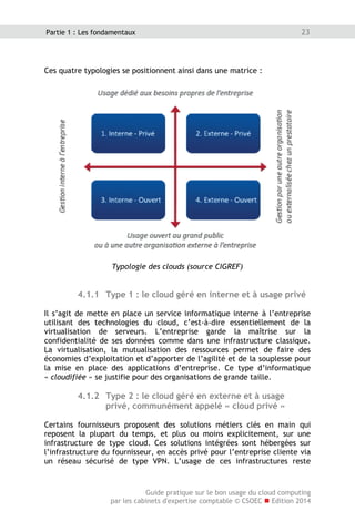 Guide pratique sur le bon usage du cloud computing
par les cabinets d'expertise comptable © CSOEC  Edition 2014
23Partie 1 : Les fondamentaux
Ces quatre typologies se positionnent ainsi dans une matrice :
Typologie des clouds (source CIGREF)
4.1.1 Type 1 : le cloud géré en interne et à usage privé
Il s’agit de mette en place un service informatique interne à l’entreprise
utilisant des technologies du cloud, c’est-à-dire essentiellement de la
virtualisation de serveurs. L’entreprise garde la maîtrise sur la
confidentialité de ses données comme dans une infrastructure classique.
La virtualisation, la mutualisation des ressources permet de faire des
économies d’exploitation et d’apporter de l’agilité et de la souplesse pour
la mise en place des applications d’entreprise. Ce type d’informatique
« cloudifiée » se justifie pour des organisations de grande taille.
4.1.2 Type 2 : le cloud géré en externe et à usage
privé, communément appelé « cloud privé »
Certains fournisseurs proposent des solutions métiers clés en main qui
reposent la plupart du temps, et plus ou moins explicitement, sur une
infrastructure de type cloud. Ces solutions intégrées sont hébergées sur
l’infrastructure du fournisseur, en accès privé pour l’entreprise cliente via
un réseau sécurisé de type VPN. L’usage de ces infrastructures reste
 