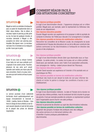 situation ᕣ
Le service jeunesse d’une collectivité
territoriale réunit systématiquement son
équipe d’encadrement le mercredi à
18h00 ; Laetitia, Karine et Nicolas – tous
trois en charge de leurs enfants ce soir là –
sont souvent absents et sont de fait exclus
de la plupart des prises de décision
importantes.
une réponse juridique possible
Il s’agit d’une discrimination directe ; l’apparence physique est un critère
prohibé. Magali peut, par exemple, saisir le représentant du Défenseur des
droits de son département.
une réponse éducative possible
Écouter Magali raconter son expérience et lui proposer si elle le souhaite de
contacter le directeur de l’hôtel pour discuter d’un arrangement à l’amiable.
une réponse possible en termes de mobilisation collective
Rencontrer les conseillers de la Mission Locale, les enseignants du lycée
professionnel et l’équipe des éducateurs de rue de la ville pour construire des
actions communes sur les discriminations à l’embauche en direction des
jeunes et des employeurs.
situation ᕡ
Magali se rend à un entretien d’embauche
pour un poste de réceptionniste dans un
hôtel «deux étoiles». Dès le début, le
recruteur repère le piercing qu’elle porte
au nez. Au bout de quelques minutes, le
recruteur demande à Magali si elle
acceptera de retirer son piercing pour
travailler. Elle répond «non». Le recruteur
met alors ﬁn à l’entretien en lui indiquant
qu’elle n’aura pas le poste.
2
COMMENT RÉAGIR FACE À
DES SITUATIONS CONCRÈTES?
situation ᕢ
David 18 ans s’est vu refuser l’entrée
d’une boite de nuit sous prétexte qu’il
s’agissait d’une soirée privée. Pourtant,
plusieurs de ses amis qu’il venait
rejoindre sont rentrés une heure plus tôt
sans encombre. David a la peau noire ;
ses amis qui sont rentrés ont tous la peau
blanche.
une réponse juridique possible
Il s’agit d’une discrimination indirecte ; la date et l’horaire de la réunion ne
sont pas des critères prohibés, mais ils conduisent de fait à écarter le groupe
de parents. Il est par exemple possible de contacter un représentant syndical
dont l’organisation pourra fournir une aide juridique.
une réponse éducative possible
Informer le personnel de direction au sujet des discriminations indirectes.
une réponse possible en termes de mobilisation collective
Organiser des groupes d’analyse des pratiques avec des collègues
des autres services et un intervenant extérieur afin
d’identifier d’autres pratiques potentiellement
discriminantes.
une réponse juridique possible
Il s’agit d’une discrimination directe (bien que dissimulée sous un faux
prétexte : la soirée privée) ; la couleur de la peau est un critère prohibé.
David peut, par exemple, lancer, avec l’aide d’une association antiraciste,
une campagne de « testing » (valant preuve devant les Tribunaux).
une réponse éducative possible
Écouter David raconter son expérience et l’orienter s’il le souhaite vers un
psychologue du PAEJ.
une réponse possible en termes de mobilisation collective
Distribuer des tracts le soir devant la boite de nuit pour informer les
clients et inciter le patron à changer les conditions d’accès à son
établissement.
2
18
 