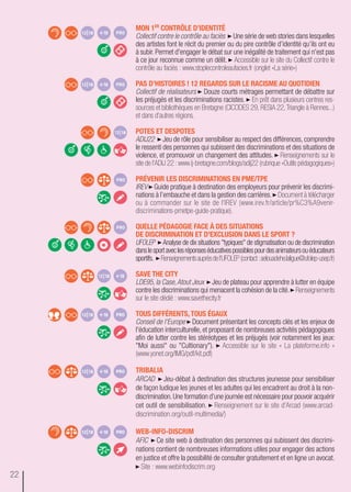 Mon 1er
ContrôLe D’iDentitÉ
Collectif contre le contrôle au faciès Une série de web stories dans lesquelles
des artistes font le récit du premier ou du pire contrôle d’identité qu’ils ont eu
à subir.Permet d'engager le débat sur une inégalité de traitement qui n'est pas
à ce jour reconnue comme un délit. Accessible sur le site du Collectif contre le
contrôle au faciès : www.stoplecontroleaufacies.fr (onglet «La série»)
Pas D’histoires ! 12 regarDs sur Le raCisMe au quotiDien
Collectif de réalisateurs Douze courts métrages permettant de débattre sur
les préjugés et les discriminations racistes. En prêt dans plusieurs centres res-
sources et bibliothèques en Bretagne (CICODES 29, RESIA 22,Triangle à Rennes...)
et dans d’autres régions.
Potes et DesPotes
ADIJ22 Jeu de rôle pour sensibiliser au respect des différences, comprendre
le ressenti des personnes qui subissent des discriminations et des situations de
violence, et promouvoir un changement des attitudes. Renseignements sur le
site de l’ADIJ 22 :www.ij-bretagne.com/blogs/adij22 (rubrique «Outils pédagogiques»)
PrÉvenir Les DisCriMinations en PMe/tPe
IREV Guide pratique à destination des employeurs pour prévenir les discrimi-
nations à l’embauche et dans la gestion des carrières. Document à télécharger
ou à commander sur le site de l'IREV (www.irev.fr/article/pr%C3%A9venir-
discriminations-pmetpe-guide-pratique).
queLLe PÉDagogie FaCe à Des situations
De DisCriMination et D'exCLusion Dans Le sPort ?
UFOLEP Analyse de dix situations "typiques" de stigmatisation ou de discrimination
danslesportaveclesréponseséducativespossiblespourdesanimateursouéducateurs
sportifs. Renseignementsauprèsdel'UFOLEP(contact:aelouadehe.laligue@ufolep-usep.fr)
save the City
LDE95,la Case,Atout Jeux Jeu de plateau pour apprendre à lutter en équipe
contre les discriminations qui menacent la cohésion de la cité. Renseignements
sur le site dédié : www.savethecity.fr
tous DiFFÉrents,tous Égaux
Conseil de l'Europe Document présentant les concepts clés et les enjeux de
l'éducation interculturelle, et proposant de nombreuses activités pédagogiques
afin de lutter contre les stéréotypes et les préjugés (voir notamment les jeux:
"Moi aussi" ou "Cultionary"). Accessible sur le site « La plateforme.info »
(www.yonet.org/IMG/pdf/kit.pdf)
tribaLia
ARCAD Jeu-débat à destination des structures jeunesse pour sensibiliser
de façon ludique les jeunes et les adultes qui les encadrent au droit à la non-
discrimination.Une formation d’une journée est nécessaire pour pouvoir acquérir
cet outil de sensibilisation. Renseignement sur le site d’Arcad (www.arcad-
discrimination.org/outil-multimedia/)
Web-inFo-DisCriM
AFIC Ce site web à destination des personnes qui subissent des discrimi-
nations contient de nombreuses informations utiles pour engager des actions
en justice et offre la possibilité de consulter gratuitement et en ligne un avocat.
Site : www.webinfodiscrim.org
22
 