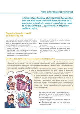 «Comment des hommes et des femmes d’aujourd’hui
                                 avec des aspirations bien différentes de celles de la
                                 génération précédente, peuvent reproduire un mode
                                 de vie anachronique (...) parce qu’ils n’ont pas de


Organisation du travail
                                 meilleur choix».


et modes de vie
                                                                          FREINS EN PROVENANCE DE L’ENTREPRISE




Évolution des mentalités versus résistance de l’organisation
Les freins venus de l’organisation du travail et de la culture        • l’instabilité ou la précarité du poste (surtout pour
dominante dans les entreprises et qui ont un impact                     ceux en CDD ou intérim),
négatif sur l’équilibre entre la vie privée et l’activité profes-     • une surcharge de travail juste avant la prise de congé
sionnelle des salariés masculins peuvent être:                          et au retour,
• une forte implication professionnelle, choisie mais                 • le refus d’un mélange de la vie privée avec la vie
  souvent aussi subie,                                                  professionnelle (téléphoner au travail pour régler
• des horaires de travail importants (surtout les cadres                des questions liées à la vie familiale : modes de
  et les professions intermédiaires),                                   garde, suivi scolaire et médical, ...).
• l’impossibilité à se faire remplacer (surtout les cadres
  supérieurs et les professions libérales),




  À partir d’une enquête menée auprès de travailleurs postés et de leurs conjointes, Pascale Molinier, dans son article
  « Dépressions sous les neutrons », paru dans les Cahiers du Genre n°36 en 2004, analyse le décalage entre l’évolution des
  mentalités tant masculines que féminines et la résistance que l’organisation du travail posté oppose à la transformation des
  rapports sociaux de sexe au sein de l’espace domestique.
  « Ce n’était pas tant le machisme irréductible de ces hommes qui contraignait leurs épouses à prendre en charge l’essentiel
                                           du mode de production domestique, mais plutôt l’absence de réflexion des
                                                   décideurs et des concepteurs sur les conditions domestiques de
                                                     maintenance et de protection de la santé des travailleurs postés.
                                                      Je trouvais intéressant de montrer comment des hommes et femmes
                                                      d’aujourd’hui avec des aspirations bien différentes de celles de la
                                                      génération précédente, se trouvaient reproduire un mode de vie
                                                      anachronique – Monsieur gagne pain et Madame fée du logis – que cela
                                                      leur plaise ou non, parce qu’ils n’ont pas de meilleur choix que d’aligner
                                                      leur organisation familiale et domestique sur les contraintes du travail de
                                                      l’homme, sauf à changer complétement de vie » (Citation reprise de
                                                      l’étude Lab’Ho pré-citée).



                                                                      Par ailleurs, certaines études, comme celle de la DREES
                                                                      déjà citée, sur la prise de congé de paternité par les
                                                                      hommes, font remonter une méconnaissance des droits
                                                                      de la part des hommes:
                                                                      • les démarches d’obtention du congé sont jugées trop
                                                                        longues et difficiles,
                                                                      • le père ne sait pas quels sont ses droits et les
                                                                        conditions d’accès.


                                                               PROMOUVOIR LA PARENTALITÉ AUPRÈS DES SALARIÉS MASCULINS - ORSE / CNIDFF - Septembre 2008 • 15
 