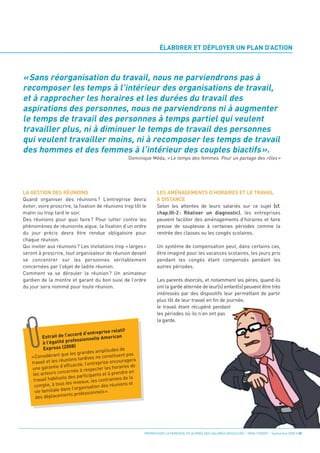 « Sans réorganisation du travail, nous ne parviendrons pas à
recomposer les temps à l’intérieur des organisations de travail,
et à rapprocher les horaires et les durées du travail des
aspirations des personnes, nous ne parviendrons ni à augmenter
le temps de travail des personnes à temps partiel qui veulent
                                                                       ÉLABORER ET DÉPLOYER UN PLAN D’ACTION




travailler plus, ni à diminuer le temps de travail des personnes
qui veulent travailler moins, ni à recomposer les temps de travail
des hommes et des femmes à l’intérieur des couples biactifs ».
                                                       Dominique Méda, « Le temps des femmes. Pour un partage des rôles »




LA GESTION DES RÉUNIONS                                               LES AMÉNAGEMENTS D’HORAIRES ET LE TRAVAIL
Quand organiser des réunions ? L’entreprise devra                     À DISTANCE
éviter, voire proscrire, la fixation de réunions trop tôt le          Selon les attentes de leurs salariés sur ce sujet (cf.
matin ou trop tard le soir.                                           chap.III-2 : Réaliser un diagnostic), les entreprises
Des réunions pour quoi faire ? Pour lutter contre les                 peuvent faciliter des aménagements d’horaires et faire
phénomènes de réunionite aigue, la fixation d’un ordre                preuve de souplesse à certaines périodes comme la
du jour précis devra être rendue obligatoire pour                     rentrée des classes ou les congés scolaires.
chaque réunion.
Qui inviter aux réunions ? Les invitations trop « larges »            Un système de compensation peut, dans certains cas,
seront à proscrire, tout organisateur de réunion devant               être imaginé pour les vacances scolaires, les jours pris
se concentrer sur les personnes véritablement                         pendant les congés étant compensés pendant les
concernées par l’objet de ladite réunion.                             autres périodes.
Comment va se dérouler la réunion ? Un animateur
gardien de la montre et garant du bon suivi de l’ordre                Les parents divorcés, et notamment les pères, quand ils
du jour sera nommé pour toute réunion.                                ont la garde alternée de leur(s) enfant(s) peuvent être très
                                                                      intéressés par des dispositifs leur permettant de partir
                                                                      plus tôt de leur travail en fin de journée,
                                                                      le travail étant récupéré pendant
                                                                      les périodes où ils n’en ont pas
                                                                      la garde.

                                           rise relatif
                          ccord d’entrep
          Extrait de l’a                   American
                            essionnelle
           à l’égalité prof
           Express (2  008)
                                                     de
                                      s amplitudes
                     que les grande                     pas
    «Considérant           ns tardives  ne constituent
    travai l et les réunio             reprise  encouragera
                      efficacité, l’ent      les horaires de
    une garantie d’          s à respecter
     les acteur  s concerné                 et à prendre en
                           s participants
     travai l habituels de               contraintes de
                                                         la
                         s niveaux, les
      compte, à tous le                ion de s réunions et
                       ns l’organisat
      vie familiale da      professionnels
                                             ».
                      ents
      des déplacem




                                                               PROMOUVOIR LA PARENTALITÉ AUPRÈS DES SALARIÉS MASCULINS - ORSE / CNIDFF - Septembre 2008 • 25
 