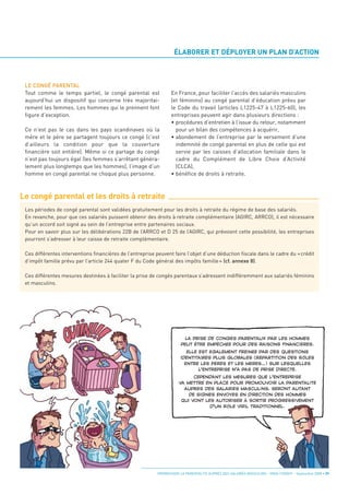 ÉLABORER ET DÉPLOYER UN PLAN D’ACTION



 LE CONGÉ PARENTAL
 Tout comme le temps partiel, le congé parental est                En France, pour faciliter l’accès des salariés masculins
 aujourd’hui un dispositif qui concerne très majoritai-            (et féminins) au congé parental d’éducation prévu par
 rement les femmes. Les hommes qui le prennent font                le Code du travail (articles L1225-47 à L1225-60), les




Le congé parental et les droits à retraite
 figure d’exception.                                               entreprises peuvent agir dans plusieurs directions :
                                                                   • procédures d’entretien à l’issue du retour, notamment
 Ce n’est pas le cas dans les pays scandinaves où la                 pour un bilan des compétences à acquérir,
 mère et le père se partagent toujours ce congé (c’est             • abondement de l’entreprise par le versement d’une
 d’ailleurs la condition pour que la couverture                      indemnité de congé parental en plus de celle qui est
 financière soit entière). Même si ce partage du congé               servie par les caisses d’allocation familiale dans le
 n’est pas toujours égal (les femmes s’arrêtant généra-              cadre du Complément de Libre Choix d’Activité
 lement plus longtemps que les hommes), l’image d’un                 (CLCA),
 homme en congé parental ne choque plus personne.                  • bénéfice de droits à retraite.




 Les périodes de congé parental sont validées gratuitement pour les droits à retraite du régime de base des salariés.
 En revanche, pour que ces salariés puissent obtenir des droits à retraite complémentaire (AGIRC, ARRCO), il est nécessaire
 qu’un accord soit signé au sein de l’entreprise entre partenaires sociaux.
 Pour en savoir plus sur les délibérations 22B de l’ARRCO et D 25 de l’AGIRC, qui prévoient cette possibilité, les entreprises
 pourront s’adresser à leur caisse de retraite complémentaire.

 Ces différentes interventions financières de l’entreprise peuvent faire l’objet d’une déduction fiscale dans le cadre du « crédit
 d’impôt famille prévu par l’article 244 quater F du Code général des impôts famille » (cf. annexe 8).

 Ces différentes mesures destinées à faciliter la prise de congés parentaux s’adressent indifféremment aux salariés féminins
 et masculins.




                                                                          LA PRISE DE CONGÉS PARENTAUX PAR LES HOMMES
                                                                        PEUT ÊTRE EMPÊCHÉE POUR DES RAISONS FINANCIÈRES.
                                                                           ELLE EST ÉGALEMENT FREINÉE PAR DES QUESTIONS
                                                                        IDENTITAIRES PLUS GLOBALES (RÉPARTITION DES RÔLES




                                                            PROMOUVOIR LA PARENTALITÉ AUPRÈS DES SALARIÉS MASCULINS - ORSE / CNIDFF - Septembre 2008 • 29
                                                                          ENTRE LES PÈRES ET LES MÈRES…) SUR LESQUELLES
                                                                                L’ENTREPRISE N’A PAS DE PRISE DIRECTE.
                                                                             CEPENDANT LES MESURES QUE L’ENTREPRISE
                                                                       VA METTRE EN PLACE POUR PROMOUVOIR LA PARENTALITÉ
                                                                         AUPRÈS DES SALARIÉS MASCULINS, SERONT AUTANT
                                                                           DE SIGNES ENVOYÉS EN DIRECTION DES HOMMES
                                                                        QUI VONT LES AUTORISER À SORTIR PROGRESSIVEMENT
                                                                                   D’UN RÔLE VIRIL TRADITIONNEL.
 