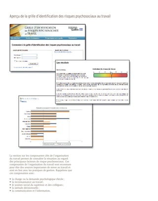 Aperçu de la grille d’identification des risques psychosociaux au travail




La section sur les composantes clés de l’organisation
du travail permet de connaître la situation au regard
des principaux facteurs de risque psychosociaux. Ces
composantes de l’organisation du travail sont reconnues
pour être des sources importantes de stress au travail et
sont en lien avec les pratiques de gestion. Rappelons que
ces composantes sont :

•	 la charge ou la demande psychologique élevée ;
•	 la reconnaissance au travail ;
•	 le soutien social du supérieur et des collègues ;
•	 la latitude décisionnelle ;
•	 la communication et l’information.
 