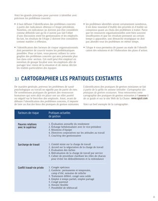 Voici les grands principes pour parvenir à identifier avec
précision les problèmes concrets :

•	 il faut débuter l’identification des problèmes concrets         •	 les problèmes identifiés seront certainement nombreux, 	
	 à partir des indicateurs obtenus à l’étape précédente. 	         	 il est donc essentiel d’établir des priorités et d’établir un 	
	 Toutefois, ces indicateurs ne doivent pas être considérés        	 consensus quant au choix des problèmes à traiter. Parce
	 comme définitifs tant qu’ils n’auront pas fait l’objet 	         	 que les ressources organisationnelles sont bien souvent 	
	 d’une discussion entre les gestionnaires et les employés. 	      	 insuffisantes et que les résultats prennent un certain 	
	 En fait, les résultats de l’étape 2 doivent être considérés 	    	 temps à apparaître, une démarche stratégique ne doit 	
	 comme matière à réflexion.                                       	 pas aborder tous les problèmes en même temps.

•	 l’identification des facteurs de risque organisationnels 	      •	 l’étape 4 vous permettra de passer au stade de l’identifi- 	
	 doit permettre de couvrir toutes les problématiques 	            	 cation des solutions et de l’élaboration des plans d’action.
	 possibles. Pour ce faire, vous pouvez utilisez la carto-	
	 graphie des problèmes concrets qui sera présentée plus 	
	 bas dans cette	 section. Cet outil peut être employé en
	 entretien de groupe focalisé avec les employés afin de 	
	 partager leur vision de la situation et de mieux décrire 	
	 les réalités particulières des équipes.



3.1	   CARTOGRAPHIER LES PRATIQUES EXISTANTES
De manière générale, prévenir les problèmes de santé               L’identification des pratiques de gestion existantes se fait
psychologique au travail ne signifie pas de partir de rien.        à partir de la grille en annexe intitulée : Cartographie des
De nombreuses pratiques de gestion des ressources                  pratiques de gestion existantes. Vous retrouverez cette
humaines qui sont déjà en place ont un effet positif               cartographie des pratiques de gestion existantes à l’annexe 1
ou négatif sur le bien-être des employés. Ainsi, avant de          de ce guide et sur le site Web de la Chaire : www.cgsst.com.
débuter l’identification des problèmes concrets, il importe
de faire un état des lieux des pratiques de gestion existantes.    Voici un bref exemple de la cartographie :


   Facteurs de risque            Pratiques actuelles
                                 de gestion

   Pauvres relations             1.	Évaluation annuelle du rendement
   avec le supérieur             2.	Échange hebdomadaire avec le vice-président
                                 3.	Réunions d’équipe
                                 4.	Directives corporatives sur les attitudes au travail
                                 5.	Coaching des gestionnaires


   Surcharge de travail          1.	Comité mixte sur la charge de travail
                                 2.	Accord sur la négociation de la charge de travail
                                 3.	Évaluation des tâches
                                 4.	Réévaluation de la charge de travail par service
                                 5.	Cahier de procédure clarifiant les rôles de chacun 	
                                 	 pour éviter les dédoublements et la redondance


   Conflit travail-vie privée    1.	Congés spéciaux
                                 2.	Garderie : permanente et temporaire,
                                 	 camp d’été, semaine de relâche
                                 3.	Traitement différé, congé sans solde
                                 4.	Emploi à temps partiel, emploi partagé
                                 5.	Congé parental
                                 6.	Horaire flexible
                                 7.	Possibilité de télétravail


                                                                                                                                       41
 