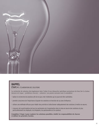 RAPPEL
ÉTAPE 4 : L’ÉLABORATION DES SOLUTIONS
La recherche de solution doit également faire l’objet d’une démarche spécifique permettant de bien lier la chaîne
facteurs de risque – problèmes concrets – solutions. Les points suivants sont à considérer :

•	 baliser la recherche de solutions afin de ne pas créer d’attentes qui ne pourront être satisfaites ;

•	 prendre conscience de l’importance d’ajuster les solutions en fonction de sa zone d’influence ;

•	 utiliser une méthode efficace pour établir des priorités et sélectionner adéquatement des solutions à mettre en œuvre ;

•	 s’assurer de la participation de tous les partenaires de l’organisation dans la mise en œuvre des solutions et plus
	 particulièrement les employés, les dirigeants, les gestionnaires et le syndicat.

Complétez l’étape 4 pour explorer les solutions possibles, établir les responsabilités de chacun
et définir les priorités d’action.



                                                                                                                             49
 