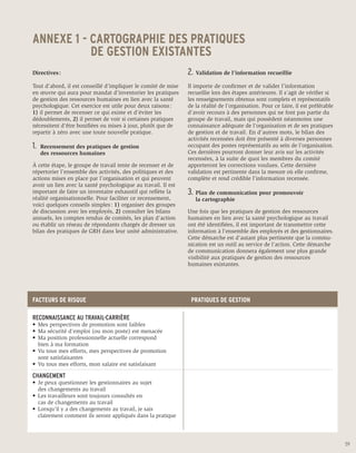 ANNEXE 1 - CARTOGRAPHIE DES PRATIQUES
	          DE GESTION EXISTANTES
Directives :                                                   2.	 Validation de l’information recueillie
Tout d’abord, il est conseillé d’impliquer le comité de mise   Il importe de confirmer et de valider l’information
en œuvre qui aura pour mandat d’inventorier les pratiques      recueillie lors des étapes antérieures. Il s’agit de vérifier si
de gestion des ressources humaines en lien avec la santé       les renseignements obtenus sont complets et représentatifs
psychologique. Cet exercice est utile pour deux raisons :      de la réalité de l’organisation. Pour ce faire, il est préférable
1) il permet de recenser ce qui existe et d’éviter les         d’avoir recours à des personnes qui ne font pas partie du
dédoublements, 2) il permet de voir si certaines pratiques     groupe de travail, mais qui possèdent néanmoins une
nécessitent d’être bonifiées ou mises à jour, plutôt que de    connaissance adéquate de l’organisation et de ses pratiques
repartir à zéro avec une toute nouvelle pratique.              de gestion et de travail. En d’autres mots, le bilan des
                                                               activités recensées doit être présenté à diverses personnes
1.	 Recensement des pratiques de gestion                       occupant des postes représentatifs au sein de l’organisation.
	   des ressources humaines                                    Ces dernières pourront donner leur avis sur les activités
                                                               recensées, à la suite de quoi les membres du comité
À cette étape, le groupe de travail tente de recenser et de    apporteront les corrections voulues. Cette dernière
répertorier l’ensemble des activités, des politiques et des    validation est pertinente dans la mesure où elle confirme,
actions mises en place par l’organisation et qui peuvent       complète et rend crédible l’information recensée.
avoir un lien avec la santé psychologique au travail. Il est
important de faire un inventaire exhaustif qui reflète la      3.	 Plan de communication pour promouvoir
réalité organisationnelle. Pour faciliter ce recensement,      	    la cartographie
voici quelques conseils simples : 1) organiser des groupes
de discussion avec les employés, 2) consulter les bilans       Une fois que les pratiques de gestion des ressources
annuels, les comptes rendus de comités, les plan d’action      humaines en lien avec la santé psychologique au travail
ou établir un réseau de répondants chargés de dresser un       ont été identifiées, il est important de transmettre cette
bilan des pratiques de GRH dans leur unité administrative.     information à l’ensemble des employés et des gestionnaires.
	                                                              Cette démarche est d’autant plus pertinente que la commu-
                                                               nication est un outil au service de l’action. Cette démarche
                                                               de communication donnera également une plus grande
                                                               visibilité aux pratiques de gestion des ressources
                                                               humaines existantes.




FACTEURS DE RISQUE                                                 PRATIQUES DE GESTION

RECONNAISSANCE AU TRAVAIL-CARRIÈRE
•	 Mes perspectives de promotion sont faibles
•	 Ma sécurité d’emploi (ou mon poste) est menacée
•	 Ma position professionnelle actuelle correspond
	 bien à ma formation
•	 Vu tous mes efforts, mes perspectives de promotion
	 sont satisfaisantes
•	 Vu tous mes efforts, mon salaire est satisfaisant

CHANGEMENT
•	 Je peux questionner les gestionnaires au sujet
	 des changements au travail
•	 Les travailleurs sont toujours consultés en
	 cas de changements au travail
•	 Lorsqu’il y a des changements au travail, je sais
	 clairement comment ils seront appliqués dans la pratique



                                                                                                                                   59
 
