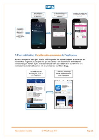 Reproduction interdite © MMA France 2015 Page 25
7. Push notification d’amélioration du ranking de l’application
Au lieu d’envoyer un message à tous les téléchargeurs d’une application (avec le risque que les
non satisfaits réagissent plus et plus vite que les autres), il est recommandé d’identifier les
utilisateurs ayant montré la plus forte appétence à votre application et de leur envoyer une
notification les incitant à laisser un avis et une note sur leur Store d’App.
 