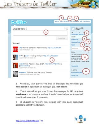 3        4      5
                                              .        .      .




                                    2                                         6
                                    .                                         .
                                                                         7
                                                                         .        8
                                                                    9             .
                                                                    .
                                                                              10



                                                                         12
                                        1
                                        .



                                                                          11




1. Au milieu, vous pouvez voir tous les messages des personnes que
vous suivez et également les messages que vous postez.

2. C’est à cet endroit que vous écrivez les messages de 140 caractères
maximum – un compteur en haut à droite vous indique en temps réel
combien de caractères il vous reste.

3. En cliquant sur “profil”, vous pouvez voir votre page exactement
comme la voient vos visiteurs.




http://www.guide-twitter.com - V2                                  15
 