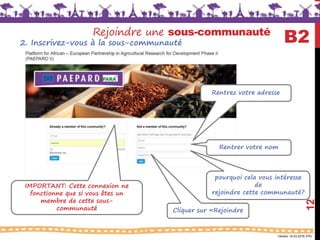 Version 18.03.2016 (FR)
Rejoindre une sous-communauté
12
IMPORTANT: Cette connexion ne
fonctionne que si vous êtes un
membre de cette sous-
communauté
Rentrez votre adresse
Rentrer votre nom
pourquoi cela vous intéresse
de
rejoindre cette communauté?
Cliquer sur «Rejoindre
B22. Inscrivez-vous à la sous-communauté
 