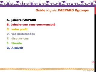 Version 18.03.2016 (FR)
Guide Rapide PAEPARD Dgroups
A. joindre PAEPARD
B. joindre une sous-communauté
C. votre profil
D. vos préférences
E. discussions
F. librarie
G. A savoir
3
 