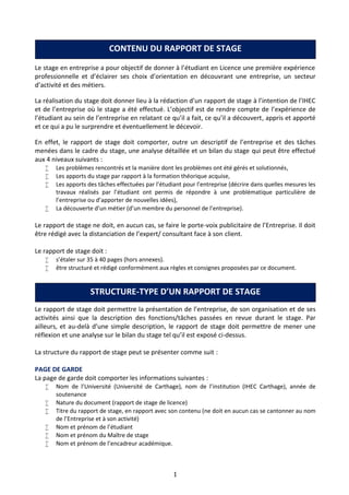 1
Le stage en entreprise a pour objectif de donner à l’étudiant en Licence une première expérience
professionnelle et d’éclairer ses choix d’orientation en découvrant une entreprise, un secteur
d’activité et des métiers.
La réalisation du stage doit donner lieu à la rédaction d’un rapport de stage à l’intention de l’IHEC
et de l’entreprise où le stage a été effectué. L’objectif est de rendre compte de l’expérience de
l’étudiant au sein de l’entreprise en relatant ce qu’il a fait, ce qu’il a découvert, appris et apporté
et ce qui a pu le surprendre et éventuellement le décevoir.
En effet, le rapport de stage doit comporter, outre un descriptif de l’entreprise et des tâches
menées dans le cadre du stage, une analyse détaillée et un bilan du stage qui peut être effectué
aux 4 niveaux suivants :
 Les problèmes rencontrés et la manière dont les problèmes ont été gérés et solutionnés,
 Les apports du stage par rapport à la formation théorique acquise,
 Les apports des tâches effectuées par l’étudiant pour l’entreprise (décrire dans quelles mesures les
travaux réalisés par l’étudiant ont permis de répondre à une problématique particulière de
l’entreprise ou d’apporter de nouvelles idées),
 La découverte d’un métier (d’un membre du personnel de l’entreprise).
Le rapport de stage ne doit, en aucun cas, se faire le porte-voix publicitaire de l’Entreprise. Il doit
être rédigé avec la distanciation de l’expert/ consultant face à son client.
Le rapport de stage doit :
 s’étaler sur 35 à 40 pages (hors annexes).
 être structuré et rédigé conformément aux règles et consignes proposées par ce document.
Le rapport de stage doit permettre la présentation de l’entreprise, de son organisation et de ses
activités ainsi que la description des fonctions/tâches passées en revue durant le stage. Par
ailleurs, et au-delà d’une simple description, le rapport de stage doit permettre de mener une
réflexion et une analyse sur le bilan du stage tel qu’il est exposé ci-dessus.
La structure du rapport de stage peut se présenter comme suit :
PAGE DE GARDE
La page de garde doit comporter les informations suivantes :
 Nom de l’Université (Université de Carthage), nom de l’institution (IHEC Carthage), année de
soutenance
 Nature du document (rapport de stage de licence)
 Titre du rapport de stage, en rapport avec son contenu (ne doit en aucun cas se cantonner au nom
de l’Entreprise et à son activité)
 Nom et prénom de l’étudiant
 Nom et prénom du Maître de stage
 Nom et prénom de l’encadreur académique.
CONTENU DU RAPPORT DE STAGE
STRUCTURE-TYPE D’UN RAPPORT DE STAGE
 