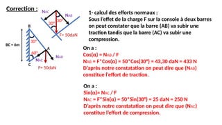 Correction :
BC = 6m
30°
B
1- calcul des efforts normaux :
Sous l’effet de la charge F sur la console à deux barres
on peut constater que la barre (AB) va subir une
traction tandis que la barre (AC) va subir une
compression.
On a :
Cos(α) = NAB / F
NAB = F*Cos(α) = 50*Cos(30°) = 43,30 daN = 433 N
D’après notre constatation on peut dire que (NAB)
constitue l’effort de traction.
60°
F= 50daN
C
A
NAB
NAC
30°
30°
NAB
NAC
F= 50daN
On a :
Sin(α)= NAC / F
NAC = F*Sin(α) = 50*Sin(30°) = 25 daN = 250 N
D’après notre constatation on peut dire que (NAC)
constitue l’effort de compression.
 