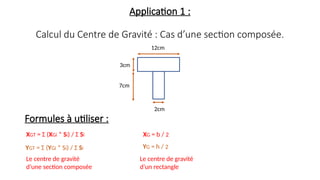 3cm
7cm
12cm
2cm
Application 1 :
Calcul du Centre de Gravité : Cas d’une section composée.
XGT = Σ (XGi * Si) / Σ Si
YGT = Σ (YGi * Si) / Σ Si
Formules à utiliser :
XG = b / 2
YG = h / 2
Le centre de gravité
d’un rectangle
Le centre de gravité
d’une section composée
 