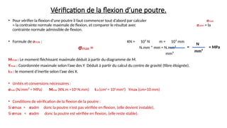 Vérification de la flexion d’une poutre.
• Pour vérifier la flexion d’une poutre il faut commencer tout d’abord par calculer σmax
= la contrainte normale maximale de flexion, et comparer le résultat avec σadm = la
contrainte normale admissible de flexion.
• Formule de σmax : KN = 10³ N m = 10³ mm
N.mm * mm = N.mm²
mm⁴
Mmax : Le moment fléchissant maximale déduit à partir du diagramme de M.
Ymax : Coordonnée maximale selon l’axe des Y Déduit à partir du calcul du centre de gravité (fibre éloignée).
IGX : le moment d’inertie selon l’axe des X.
• Unités et conversions nécessaires :
σmax (N/mm² = MPa) Mmax (KN.m =106
N.mm) IGX (cm4
= 104
mm4
) Ymax (cm=10 mm)
• Conditions de vérification de la flexion de la poutre :
Si σmax > σadm donc la poutre n’est pas vérifiée en flexion, (elle devient instable),
Si σmax < σadm donc la poutre est vérifiée en flexion, (elle reste stable).
σmax =
N
mm²
= MPa
=
 