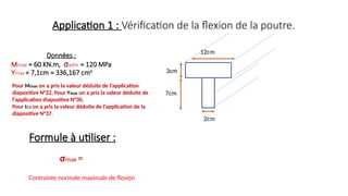3cm
7cm
12cm
2cm
Application 1 : Vérification de la flexion de la poutre.
Formule à utiliser :
Données :
Mmax = 60 KN.m, σadm = 120 MPa
Ymax = 7,1cm = 336,167 cm4
Pour Mmax on a pris la valeur déduite de l’application
diapositive N°22, Pour Ymax on a pris la valeur déduite de
l’application diapositive N°30,
Pour IGX on a pris la valeur déduite de l’application de la
diapositive N°37.
σmax =
Contrainte normale maximale de flexion
 