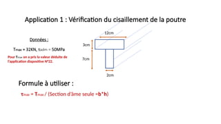 3cm
7cm
12cm
2cm
Application 1 : Vérification du cisaillement de la poutre
τmax = Tmax / (Section d’âme seule =b*h)
Formule à utiliser :
Données :
Tmax = 32KN, τadm = 50MPa
Pour Tmax on a pris la valeur déduite de
l’application diapositive N°22.
 