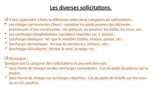  Il faut apprendre à faire la différence entre deux catégories de sollicitations :
 Les charges permanentes (fixes) : constitue les poids propres des éléments
permanents d’une construction : les poteaux, les poutres, les dalles, les murs, etc…
 Les surcharges d’exploitations (variables) réparties sur 3 classes :
 Surcharges statiques : tel que le mobilier (tables, chaises, portes, etc…
 Surcharges dynamiques : tel que les personnes, voitures, etc…
 Surcharges climatiques : tel que le vent, la neige, etc…
 Remarque :
Quelque soit la catégorie des sollicitations ils peuvent être soit :
 Sous forme de charges ou des surcharges concentrées : Cas du poids du poteau sur la
poutre.
 Sous forme de charges ou surcharges réparties : Cas du poids de la dalle sur les murs
ou sur les poutres.
Les diverses sollicitations.
 