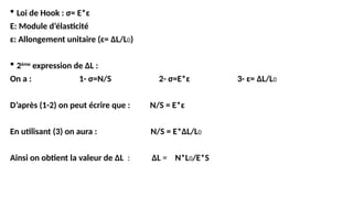  Loi de Hook : σ= E*ɛ
E: Module d’élasticité
ɛ: Allongement unitaire (ɛ= ΔL/L0)
 2ème
expression de ΔL :
On a : 1- σ=N/S 2- σ=E*ɛ 3- ɛ= ΔL/L0
D’après (1-2) on peut écrire que : N/S = E*ɛ
En utilisant (3) on aura : N/S = E*ΔL/L0
Ainsi on obtient la valeur de ΔL : ΔL = N*L0/E*S
 