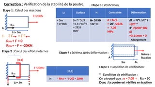 L0= 3m
F=20KN
A
Etape 1 : Calcul des réactions
Etape 2 : Calcul des efforts internes
Etape 3 : Vérification
RHA
1- Σ F = Σ F
RHA + F = 0
RHA = - F = -20KN
Correction : Vérification de la stabilité de la poutre.
L0= 3m
F=20KN
A
RHA
0 3
[0,3]
N
[0,3]
- RHA = - (-20) = 20KN
= 3m
= 3*mm
Surface Contrainte
N
L0
S= Π*D2
/4
=3,14*60²/4
= 2826
mm2
N= 20 KN
=20* N
Etape 5 : Condition de vérification:
 Condition de vérification :
On a trouvé que : σ = 7,08 < Rpe = 50
Donc : la poutre est vérifiée en traction
σ = N/S
= 20*/2826
= 7,08
MPa
Déformation
ΔL = N*L0/E*S
=(20**
3*)/(200*282
6)
=0,11mm > 0
3m ΔL
Etape 4 : Schéma après déformation : Nature :
Traction
Allongement
 