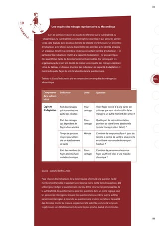 10
E
X
E
M
P
L E
Capacité
d’adaptation
Part des ménages
qui économise une
partie des récoltes
Pour-
centage
Votre foyer stocke-t-il une partie des
cultures que vous récoltez afin de les
manger à un autre moment de l’année ?
Part des ménages
qui dépendent de
l’agriculture vivrière
Pour-
centage
Quelle part de votre alimentation
provient de votre ferme personnelle
(production agricole et bétail) ?
Temps de parcours
moyen pour attein-
dre un établissement
de santé
Minute Combien de temps vous faut-il pour at-
teindre le centre de santé le plus proche
en utilisant votre mode de transport
habituel ?
Part des membres du
foyer atteints d’une
maladie chronique
Pour-
centage
Combien de personnes dans votre
foyer souffrent-elles d’une maladie
chronique ?
Composante
de la vulnéra-
bilité
Indicateur Unité Question
99
m4
III
Une enquête des ménages représentative au Mozambique
Lors de la mise en œuvre du Guide de référence sur la vulnérabilité au
Mozambique, la vulnérabilité aux catastrophes naturelles et aux pénuries alimen-
taires a été évaluée dans les deux districts de Mabote et d’Inhassaro. Un ensemble
d’indicateurs a été choisi, puis la disponibilité des données a été vérifiée à travers
un processus itératif. Ce contrôle a révélé qu’un certain nombre d’indicateurs – en
particulier les indicateurs relatifs à la capacité d’adaptation – ne pouvaient pas
être quantifiés à l’aide de données facilement accessibles. Par conséquent les
organisateurs du projet ont décidé de réaliser une enquête des ménages représen-
tative. Le tableau ci-dessous énumère des indicateurs de capacité d’adaptation et
montre de quelle façon ils ont été abordés dans le questionnaire.
Tableau 8 : Liste d’indicateurs pris en compte dans une enquête des ménages au
Mozambique
Source : adelphi/EURAC 2014.
Pour chacun des indicateurs de la liste l’équipe a formulé une question facile-
ment compréhensible et appelant une réponse claire. Cette liste de question a été
utilisée pour rédiger le questionnaire. Au lieu d’être structuré en composantes de
la vulnérabilité, le questionnaire a posé les questions dans un ordre logique pour
les personnes interrogées. Grouper les questions liées au même sujet a aidé les
personnes interrogées à répondre au questionnaire et donc à améliorer la qualité
des données. L’unité de mesure a également été spécifiée, comme le temps de
trajet moyen vers l’établissement de santé le plus proche, évalué ici en minutes.
 