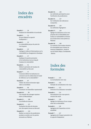 Index des
encadrés
Encadré 1 : 19
Analyses de vulnérabilité et incertitude
Encadré 2 : 23
De quoi dépend la capacité
d’adaptation ?
Encadré 3 : 25
La vulnérabilité perçue du point de
vue du genre
Encadré 4 : 44
Cadrage et collecte d’informations sur la
vulnérabilité au changement climatique
Encadré 5 : 47
Impliquer les parties prenantes
et les institutions tout au long de
l’analyse de vulnérabilité
Encadré 6 : 51
Définir le périmètre de l’analyse de
vulnérabilité au Burundi	
Encadré 7 : 77
Comment définir les indicateurs et
comment sont-ils utilisés dans le Guide
de référence sur la vulnérabilité ?
Encadré 8 : 97
Utiliser des séries de données régio-
nales ou mondiales
Encadré 9 : 98
Constituer un échantillon représentatif
Encadré 10 : 99
Une enquête des ménages représen-
tative au Mozambique
Encadré 11 : 109
Les échelles de mesures
Encadré 12 : 117
Evaluation de séries de données
avec des experts locaux au Burundi
Encadré 13 : 124
Réaliser un exercice de pondération
pendant un atelier avec les parties
prenantes au Pakistan
Encadré 14 : 126
Les méthodes participatives pour
l’attribution de pondérations
Encadré 15 : 127
Sur l’utilisation des indicateurs
composites
Encadré 16 : 129
Les méthodes d‘agrégation
Encadré 17 : 139
Agréger les indicateurs et les com-
posantes de la vulnérabilité pour
évaluer la vulnérabilité à l’érosion
du sol dans deux zones pilotes au
Pakistan
Encadré 18 : 160
La conduite d’une analyse itérative
de vulnérabilité pour évaluer les
mesures d’adaptation ; étude de
cas de Chullcu Mayu, Cochabamba
- Bolivie
Index des
formules
Formule 1 : 110
La normalisation min-max
Formule 2 : 110
Exemple de normalisation min-max
Formule 3 : 113
Inversion d’un indicateur normalisé
Formule 4 : 114
Normalisation min-max après la
révision des seuils
Formule 5 : 128
Agréger les indicateurs d’une compo-
sante de la vulnérabilité
Formule 6 : 136
Agrégation de l’exposition et de la
sensibilité
Formule 7 : 137
Agrégation de l’impact potentiel et de
la capacité d’adaptation
9
E
N
C
A
D
R
E
S
F
O
R
M
U
L
E
S
 