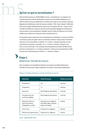 108
m5
III
L
I
G
N
E
S
D
I
R
E
C
T
R
I
C
E
S
Qu’est-ce que la normalisation ?
Dans la littérature (par ex. OCDE 2008), le terme « normalisation » se rapporte à la
transformation des valeurs d’indicateurs mesurés sur des échelles différentes et à
l’aide d’unités de mesures différentes, en valeurs sans unité sur une échelle commune.
Regardons les différentes unités de mesures utilisées : USD / foyer, hôpital / 1000 habi-
tants, pourcentage d’alphabétisation, type de sol, occupation des sols – et plus encore.
L’emploi de différentes unités de mesures rend impossible l’agrégation d’indicateurs
sans procéder à une normalisation préalable. Dans le Guide de référence sur la vulné-
rabilité nous utilisons un champ de valeurs standard de 0 à 1.
Un deuxième aspect important de la normalisation est d’attribuer un sens aux chiffres
en évaluant à partir de quelle valeur un indicateur devient critique. Dans le Guide de
référence sur la vulnérabilité, on définit « 0 » comme « situation optimale, aucune
amélioration nécessaire ou possible » et « 1 » comme « situation critique, le sys-
tème ne fonctionne plus ». Par exemple, des précipitations annuelles de 600 mm/an
peuvent correspondre à « 0 - situation optimale », tandis qu’une précipitation de 200
mm peut être représentée par le chiffre « 1 – situation critique ».
Etape 1
Déterminer l’échelle de mesure
Pour normaliser vos ensembles de données,vous devez tout d’abord déterminer
l’échelle de mesure pour chaque indicateur (cf. encadré 11 pour plus d’explication).
Tableau 9 : Exemples d’indicateurs, d’unités et d’échelles de mesures
Source : adelphi/EURAC 2014.
Précipitations
Température
mm
° C
Unité de mesure Echelle de mesure
Indicateur
métrique
métrique
Type de sol N/A (catégories descriptives) nominale
Occupation des sols,
couverture végétale
N/A (catégories descriptives) nominale
Volonté de mettre en
œuvre des mesures
d’adaptation au climat
Classement en 5 catégories
(très faible, faible, moyenne,
élevée, très élevée)
ordinale
Accès à l’eau Classement en catégories ordinale
Efficience de la gouvernance Classement en catégories ordinale
 