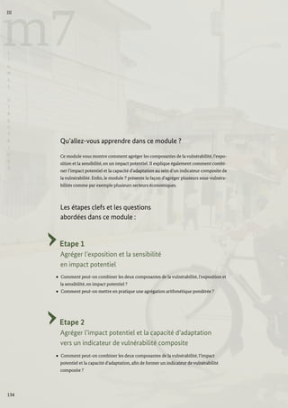 Qu’allez-vous apprendre dans ce module ?
Ce module vous montre comment agréger les composantes de la vulnérabilité, l’expo-
sition et la sensibilité, en un impact potentiel. Il explique également comment combi-
ner l’impact potentiel et la capacité d’adaptation au sein d’un indicateur composite de
la vulnérabilité. Enfin, le module 7 présente la façon d’agréger plusieurs sous-vulnéra-
bilités comme par exemple plusieurs secteurs économiques.
Les étapes clefs et les questions
abordées dans ce module :
Etape 1
Agréger l’exposition et la sensibilité
en impact potentiel
Comment peut-on combiner les deux composantes de la vulnérabilité, l’exposition et
la sensibilité, en impact potentiel ?
Comment peut-on mettre en pratique une agrégation arithmétique pondérée ?
Etape 2
Agréger l’impact potentiel et la capacité d’adaptation
vers un indicateur de vulnérabilité composite
Comment peut-on combiner les deux composantes de la vulnérabilité, l’impact
potentiel et la capacité d’adaptation, afin de former un indicateur de vulnérabilité
composite ?
m7
III
134
L
I
G
N
E
S
D
I
R
E
C
T
R
I
C
E
S
 