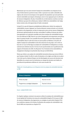 S
&
E
IV
156
Maintenant que vous avez terminé l’analyse de vulnérabilité, vous disposez d’une
mine d’informations à portée de main. Celles-ci peuvent vous aider à identifier des
régions, des secteurs économiques et des segments de population qui sont particuliè-
rement vulnérables aux impacts climatiques, tout en vous appuyant pour la sélection
de mesures d’adaptation. De plus, l’ensemble de ces informations constitue une base
de référence qui peut être utilisée pour réaliser le S&E de la vulnérabilité et de l’adap-
tation comme cela a été exposé dans le Cadre conceptuel.
Lorsqu’il n’y a pas de fréquence préalablement définie pour réitérer les analyses de
vulnérabilité, on peut s’appuyer sur d’autres éléments comme la durée ou la révision
du projet ou du programme, ou bien le temps prévu pour qu’une mesure d’adaptation
deviennent opérationnelle (et soit donc mesurable). Le tableau 18 donne des indica-
tions générales sur la période conseillée entre deux analyses de vulnérabilité lorsque
l’on veut effectuer le S&E. Dans le cas où des changements très importants sont prévus
dans le système étudié, il est conseillé d’écourter la période entre deux analyses de
vulnérabilité. Dans le cadre de la mise en œuvre pilote au Pakistan, il est prévu de
répéter l’analyse de vulnérabilité à la fin de la durée de vie du projet, c’est-à-dire au
bout de 3 à 5 ans. En Norvège, les analyses de vulnérabilité et d’adaptation au niveau
national sont réitérées tous les 5 à 8 ans et sont synchronisées avec la publication des
rapports d’évaluation du GIEC. Au Royaume-Uni, l’évolution de la vulnérabilité au
changement climatique est présentée deux fois par an (GIZ 2013a).
Notez que réitérer une analyse de vulnérabilité nécessitera beaucoup moins d’efforts
que l’analyse initiale. En effet, le cadre d’évaluation et les règles sont déjà mis en place :
c’est à dire que les chaînes d’impact ont été développées, les sources de données sont
identifiées, les contacts avec les institutions en charge des données sont établis, les
procédures de pondération définies etc. (voir aussi encadré 18).
Tableau 18 : Conseils généraux sur la fréquence entre les analyses de vulnérabilité destinées
au S&E
Source : adelphi/EURAC 2014.
Ce chapitre explique comment vous pouvez utiliser les analyses de vulnérabilité pour
le suivi global de l’évolution du niveau de vulnérabilité (chapitre IV.1) et pour le S&E
de mesures d’adaptation, de programmes ou stratégies en particulier (chapitre IV.2).
Les conditions requises et les limites d’utilisation des analyses de vulnérabilité à des
fins de S&E sont examinées au chapitre IV.3.
Niveau du projet
Niveau d’adaptation
Programme ou stratégie d’adaptation
Période
Tous les 3 à 5 ans
Tous les 5 à 10 ans
 