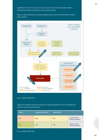 Précipitations Température
Types de cultures
dans les champs
Approvisionnement
des cultures en eau
Evapotran-
spiration
Précipitation
efficace
Réduction des
surfaces irriguées de
façon optimale
Efficacité du
système
d’irrigation
Vulnérabilité
Eau issue
des systèmes
d’irrigation
Besoin des
cultures en eau
Facteurs modélisés
par le logiciel ABRO
3.1 software
A
M
E
L
I
O
R
A
T
I
O
N
ATTEN
U
ATIO
N
Ressources
Gouvernance
Connaissance
(savoir-faire)
Technologies
Facteurs ayant
bénéficié d’avis d’experts
A
M
E
L
I
O
R
A
T
I
O
N
A
M
E
L
I
O
R
A
T
I
O
N
Facteurs
d’exposition
Facteurs de sensibilité
Facteurs de
capacité d’adaptation
Impact potentiel
IV
161
S
&
E
régulièrement, c’est-à-dire tous les 3 à 5 ans, de façon à comprendre si les progrès réalisés
pendant les 6 premières années pourront être soutenus au-delà.
Figure 38 : Effets causés par les mesures d’adaptation et leurs sous-composantes dans le projet
pilote en Bolivie
Source : adelphi/EURAC 2014.
Tableau 19 : Evaluation itérative de l’impact, de la capacité d’adaptation et de la vulnérabilité des
petits fermiers face au stress hydrique
Source: adelphi/EURAC 2014.
0.92 0.63
Avant la mise en
œuvre de mesures
0.77
0.17 0.35
Après la mise en
œuvre de mesures
0.25
Capacité d’adaptation
Impact Vulnérabilité
 