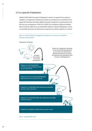 Figure 2 : Chaine d’impact du changement climatique sur les ressources naturelles et
les moyens de subsistance
Source : adelphi/EURAC 2014.
Impacts sur les écosystèmes
(recharge des nappes phréatiques, fertilité
des sols et biodiversité)
Impacts sur les services écosystémiques
(approvisionnement en nourriture et en eau)
Impacts sur l’exploitation des ressources naturelles
(agriculture, pêche, sylviculture)
Impacts sur la transformation des ressources naturelles
(industrie et services)
Impacts sur la sphère sociale (individus, groupes sociaux)
Evolution
des tempéra-
tures et des
précipitations
Impacts du changement climatique
sur les services écosystémiques et
sur les ressources naturelles qui
affectent directement les moyens
de subsistance des populations dans
les pays en développement.
Changement climatique
C
A
D
R
E
II
22
2.4 La capacité d’adaptation
L’AR4 du GIEC définit la capacité d’adaptation comme « la capacité d’un système à
s’adapter au changement climatique (y compris aux variations et aux extrêmes clima-
tiques) afin d’atténuer des effets négatifs potentiels, d’exploiter les opportunités ou de
faire face aux conséquences » (Parry et al. 2007). Par conséquent, l’approche adoptée
dans le Guide de référence sur la vulnérabilité définit la capacité d’adaptation comme
un ensemble de facteurs qui détermine la capacité d’un système à générer et à mettre
 