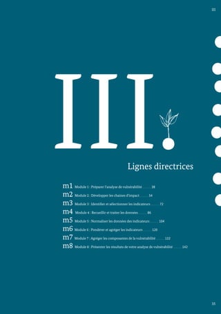 II
III.
Lignes directrices
m1 Module 1 : Préparer l’analyse de vulnérabilité 38	
m2 Module 2 : Développer les chaines d’impact 54	
m3 Module 3 : Identifier et sélectionner les indicateurs 72
m4 Module 4 : Recueillir et traiter les données 86
m5 Module 5 : Normaliser les données des indicateurs 104	
m6 Module 6 : Pondérer et agréger les indicateurs 120
m7 Module 7 : Agréger les composantes de la vulnérabilité 132
m8 Module 8 : Présenter les résultats de votre analyse de vulnérabilité 142
III
35
 