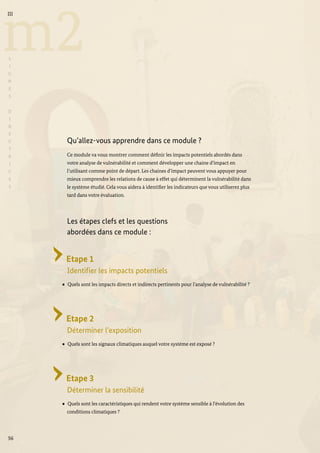56
m2
III
L
I
G
N
E
S
D
I
R
E
C
T
R
I
C
E
S
Qu’allez-vous apprendre dans ce module ?
Ce module va vous montrer comment définir les impacts potentiels abordés dans
votre analyse de vulnérabilité et comment développer une chaine d’impact en
l’utilisant comme point de départ. Les chaines d’impact peuvent vous appuyer pour
mieux comprendre les relations de cause à effet qui déterminent la vulnérabilité dans
le système étudié. Cela vous aidera à identifier les indicateurs que vous utiliserez plus
tard dans votre évaluation.
Les étapes clefs et les questions
abordées dans ce module :
Etape 1
Identifier les impacts potentiels
Quels sont les impacts directs et indirects pertinents pour l’analyse de vulnérabilité ?
Etape 2
Déterminer l’exposition
Quels sont les signaux climatiques auquel votre système est exposé ?
Etape 3
Déterminer la sensibilité
Quels sont les caractéristiques qui rendent votre système sensible à l’évolution des
conditions climatiques ?
 
