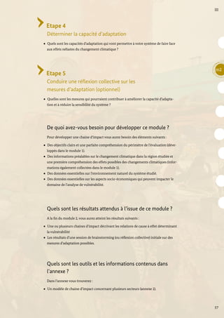 57
m2
III
Etape 4
Déterminer la capacité d’adaptation
Quels sont les capacités d’adaptation qui vont permettre à votre système de faire face
aux effets néfastes du changement climatique ?
Etape 5
Conduire une réflexion collective sur les
mesures d’adaptation (optionnel)
Quelles sont les mesures qui pourraient contribuer à améliorer la capacité d’adapta-
tion et à réduire la sensibilité du système ?
De quoi avez-vous besoin pour développer ce module ?
Pour développer une chaine d’impact vous aurez besoin des éléments suivants :
Des objectifs clairs et une parfaite compréhension du périmètre de l’évaluation (déve-
loppés dans le module 1).
Des informations préalables sur le changement climatique dans la région étudiée et
une première compréhension des effets possibles des changements climatiques (infor-
mations également collectées dans le module 1).
Des données essentielles sur l’environnement naturel du système étudié.
Des données essentielles sur les aspects socio-économiques qui peuvent impacter le
domaine de l’analyse de vulnérabilité.
Quels sont les résultats attendus à l’issue de ce module ?
A la fin du module 2, vous aurez atteint les résultats suivants :
Une ou plusieurs chaines d’impact décrivant les relations de cause à effet déterminant
la vulnérabilité
Les résultats d’une session de brainstorming (ou réflexion collective) initiale sur des
mesures d’adaptation possibles.
Quels sont les outils et les informations contenus dans
l’annexe ?
Dans l’annexe vous trouverez :
Un modèle de chaine d’impact concernant plusieurs secteurs (annexe 2).
 