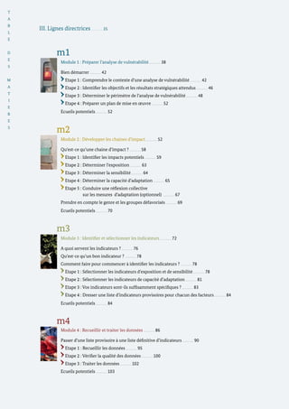 III. Lignes directrices 35
m1
Module 1 : Préparer l’analyse de vulnérabilité 38	
Bien démarrer 42	
Etape 1 : Comprendre le contexte d’une analyse de vulnérabilité 42	
Etape 2 : Identifier les objectifs et les résultats stratégiques attendus 46	
Etape 3 : Déterminer le périmètre de l’analyse de vulnérabilité 48	
Etape 4 : Préparer un plan de mise en œuvre 52	
Ecueils potentiels 52	
m2
Module 2 : Développer les chaines d’impact 52	
Qu’est-ce qu’une chaine d’impact ? 58	
Etape 1 : Identifier les impacts potentiels 59	
Etape 2 : Déterminer l’exposition 63	
Etape 3 : Déterminer la sensibilité 64	
Etape 4 : Déterminer la capacité d’adaptation 65	
Etape 5 : Conduire une réflexion collective
sur les mesures d’adaptation (optionnel) 67	
Prendre en compte le genre et les groupes défavorisés 69	
Ecueils potentiels 70	
m3
Module 3 : Identifier et sélectionner les indicateurs 72	
A quoi servent les indicateurs ? 76	
Qu’est-ce qu’un bon indicateur ? 78	
Comment faire pour commencer à identifier les indicateurs ? 78	
Etape 1 : Sélectionner les indicateurs d’exposition et de sensibilité 78	
Etape 2 : Sélectionner les indicateurs de capacité d’adaptation 81	
Etape 3 : Vos indicateurs sont-ils suffisamment spécifiques ? 83	
Etape 4 : Dresser une liste d’indicateurs provisoires pour chacun des facteurs 84	
Ecueils potentiels 84	
m4
Module 4 : Recueillir et traiter les données 86	
Passer d’une liste provisoire à une liste définitive d’indicateurs 90	
Etape 1 : Recueillir les données 95	
Etape 2 : Vérifier la qualité des données 100	
Etape 3 : Traiter les données 102	
Ecueils potentiels  103
T
A
B
L
E
D
E
S
M
A
T
I
E
R
E
S
 