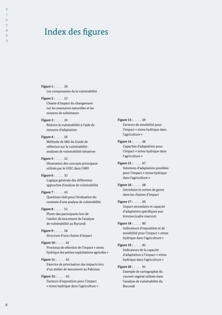 F
I
G
U
R
E
S
Figure 1 : 20
Les composantes de la vulnérabilité
Figure 2 : 22
Chaine d’impact du changement
sur les ressources naturelles et les
moyens de subsistance	
Figure 3 : 24
Réduire la vulnérabilité à l’aide de
mesures d’adaptation
Figure 4 : 30
Méthode de S&E du Guide de
référence sur la vulnérabilité :
analyses de vulnérabilité itératives
Figure 5 : 32
Illustration des concepts principaux
utilisés par le GIEC dans l’AR5
Figure 6 : 32
Logique générale des différentes
approches d’analyse de vulnérabilité
Figure 7 : 43
Questions clefs pour l’évaluation du
contexte d’une analyse de vulnérabilité
Figure 8 : 51
Photo des participants lors de
l’atelier de lancement de l’analyse
de vulnérabilité au Burundi
Figure 9 : 58
Structure d’une chaine d’impact
Figure 10 : 62
Processus de sélection de l’impact « stress
hydrique des petites exploitations agricoles »
Figure 11 : 62
Exercice de priorisation des impacts lors
d’un atelier de lancement au Pakistan
Figure 12 : 63
Facteurs d’exposition pour l’impact
« stress hydrique dans l’agriculture »
Figure 13 : 64
Facteurs de sensibilité pour
l’impact « stress hydrique dans
l’agriculture »
Figure 14 : 66
Capacités d’adaptation pour
l’impact « stress hydrique dans
l’agriculture »
Figure 15 : 67
Solutions d’adaptation possibles
pour l’impact « stress hydrique
dans l’agriculture »
Figure 16 : 68
Introduire la notion de genre
dans les chaines d’impact
Figure 17 : 69
Impact secondaire et capacité
d’adaptation spécifiques aux
femmes (cadre marron)
Figure 18 : 80
Indicateurs d’exposition et de
sensibilité pour l’impact « stress
hydrique dans l’agriculture »
Figure 19 : 82
Indicateurs de la capacité
d’adaptation à l’impact « stress
hydrique dans l’agriculture »
Figure 20 : 91
Exemple de cartographie du
couvert végétal utilisée dans
l’analyse de vulnérabilité du
Burundi
Index des figures
6
 