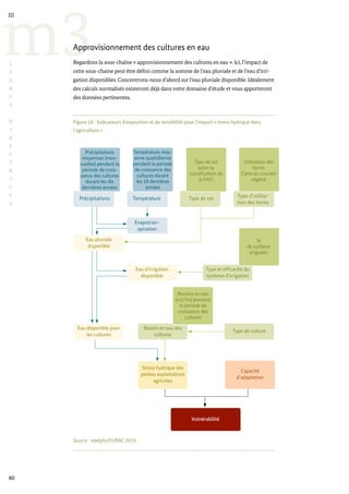 Figure 18 : Indicateurs d’exposition et de sensibilité pour l’impact « stress hydrique dans
l’agriculture »
Source : adelphi/EURAC 2014.
Stress hydrique des
petites exploitations
agricoles
Capacité
d’adaptation
Eau d’irrigation
disponible
Précipitations Température
Type et efficacité du
système d’irrigation
Type de culture
Eau disponible pour
les cultures
Besoin en eau des
cultures
Eau pluviale
disponible
Evapotran-
spiration
Vulnérabilité
Précipitations
moyennes (men-
suelles) pendant la
période de crois-
sance des cultures
durant les dix
dernières années
Température moy-
enne quotidienne
pendant la période
de croissance des
cultures durant
les 10 dernières
années
%
de surfaces
irriguées
Besoins en eau
(m3/ha) pendant
la période de
croissance des
cultures
Type de sol
Type de sol
selon la
classification de
la FAO
Type d’utilisa-
tion des terres
Utilisation des
terres
Carte du couvert
végétal
80
m3
III
L
I
G
N
E
S
D
I
R
E
C
T
R
I
C
E
S
Approvisionnement des cultures en eau
Regardons la sous-chaîne « approvisionnement des cultures en eau ». Ici, l’impact de
cette sous-chaine peut être défini comme la somme de l’eau pluviale et de l’eau d’irri-
gation disponibles. Concentrons-nous d’abord sur l’eau pluviale disponible. Idéalement
des calculs normalisés existeront déjà dans votre domaine d’étude et vous apporteront
des données pertinentes.
 