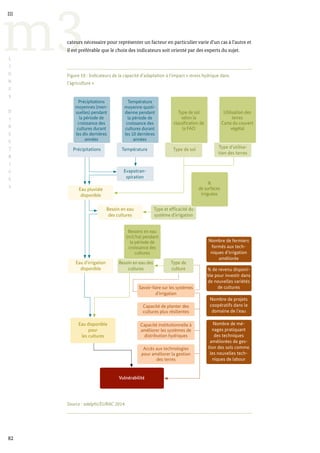 Figure 19 : Indicateurs de la capacité d’adaptation à l’impact « stress hydrique dans
l’agriculture ».
Source : adelphi/EURAC 2014.
Capacité institutionnelle à
améliorer les systèmes de
distribution hydriques
Accès aux technologies
pour améliorer la gestion
des terres
Nombre de fermiers
formés aux tech-
niques d’irrigation
améliorée
% de revenu disponi-
ble pour investir dans
de nouvelles variétés
de cultures
Nombre de projets
coopératifs dans le
domaine de l’eau
Nombre de mé-
nages pratiquant
des techniques
améliorées de ges-
tion des sols comme
les nouvelles tech-
niques de labour
Type de
culture
Capacité de planter des
cultures plus résilientes
Eau disponible
pour
les cultures
Besoin en eau
des cultures
Type et efficacité du
système d’irrigation
Eau d’irrigation
disponible
Eau pluviale
disponible
Evapotran-
spiration
Vulnérabilité
Précipitations Température Type de sol Type d’utilisa-
tion des terres
Précipitations
moyennes (men-
suelles) pendant
la période de
croissance des
cultures durant
les dix dernières
années
Température
moyenne quoti-
dienne pendant
la période de
croissance des
cultures durant
les 10 dernières
années
Type de sol
selon la
classification de
la FAO
Utilisation des
terres
Carte du couvert
végétal
%
de surfaces
irriguées
Besoin en eau des
cultures
Besoins en eau
(m3/ha) pendant
la période de
croissance des
cultures
Savoir-faire sur les systèmes
d’irrigation
82
m3
III
L
I
G
N
E
S
D
I
R
E
C
T
R
I
C
E
S
cateurs nécessaire pour représenter un facteur en particulier varie d’un cas à l’autre et
il est préférable que le choix des indicateurs soit orienté par des experts du sujet.
 