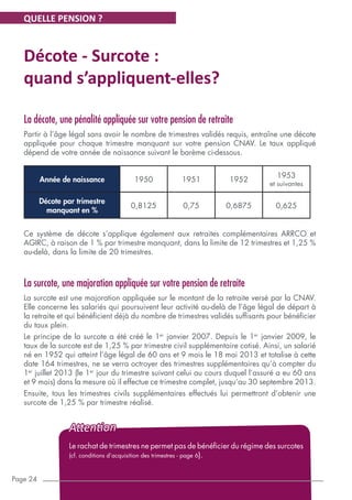 Décote - Surcote :
quand s’appliquent-elles?
La décote, une pénalité appliquée sur votre pension de retraite
Partir à l’âge légal sans avoir le nombre de trimestres validés requis, entraîne une décote
appliquée pour chaque trimestre manquant sur votre pension CNAV. Le taux appliqué
dépend de votre année de naissance suivant le barème ci-dessous.
Année de naissance 1950 1951 1952
1953
et suivantes
Décote par trimestre
manquant en %
0,8125 0,75 0,6875 0,625
Ce système de décote s’applique également aux retraites complémentaires ARRCO et
AGIRC, à raison de 1 % par trimestre manquant, dans la limite de 12 trimestres et 1,25 %
au-delà, dans la limite de 20 trimestres.
La surcote, une majoration appliquée sur votre pension de retraite
La surcote est une majoration appliquée sur le montant de la retraite versé par la CNAV.
Elle concerne les salariés qui poursuivent leur activité au-delà de l’âge légal de départ à
la retraite et qui bénéficient déjà du nombre de trimestres validés suffisants pour bénéficier
du taux plein.
Le principe de la surcote a été créé le 1er
janvier 2007. Depuis le 1er
janvier 2009, le
taux de la surcote est de 1,25 % par trimestre civil supplémentaire cotisé. Ainsi, un salarié
né en 1952 qui atteint l’âge légal de 60 ans et 9 mois le 18 mai 2013 et totalise à cette
date 164 trimestres, ne se verra octroyer des trimestres supplémentaires qu’à compter du
1er
juillet 2013 (le 1er
jour du trimestre suivant celui au cours duquel l’assuré a eu 60 ans
et 9 mois) dans la mesure où il effectue ce trimestre complet, jusqu’au 30 septembre 2013.
Ensuite, tous les trimestres civils supplémentaires effectués lui permettront d’obtenir une
surcote de 1,25 % par trimestre réalisé.
QUELLE PENSION ?
Page 24
Le rachat de trimestres ne permet pas de bénéficier du régime des surcotes
(cf. conditions d’acquisition des trimestres - page 6).
Attention
 