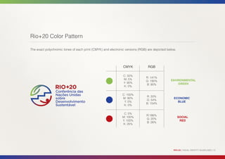 Rio+20 Color Pattern

The exact polychromic tones of each print (CMYK) and electronic versions (RGB) are depicted below.




                                                              CMYK             RGB

                                                              C: 50%
                                                                             R: 141%
                                                              M: 5%                           ENVIRONMENTAL
                                                                             G: 190%
                                                              Y: 90%                              GREEN
                                                                             B: 80%
                                                              K: 0%

                                                              C: 100%
                                                                              R: 33%
                                                              M: 90%                            ECONOMIC
                                                                              G: 54%
                                                               Y: 0%                              BLUE
                                                                              B: 154%
                                                               K: 0%

                                                              C: 0%
                                                                              R:186%
                                                             M: 100%                                 SOCIAL
                                                                              G: 20%
                                                             Y: 100%                                  RED
                                                                              B: 26%
                                                             K: 25%




                                                                                                RIO+20 | VISUAL IDENTITY GUIDELINES | 12
 