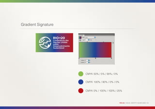 Gradient Signature




                     CMYK 50% / 5% / 90% / 0%


                     CMYK 100% / 90% / 0% / 0%


                     CMYK 0% / 100% / 100% / 25%



                                                 RIO+20 | VISUAL IDENTITY GUIDELINES | 16
 