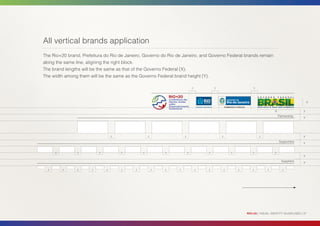 All vertical brands application
The Rio+20 brand, Prefeitura do Rio de Janeiro, Governo do Rio de Janeiro, and Governo Federal brands remain
along the same line, aligning the right block.
The brand lengths will be the same as that of the Governo Federal (X).
The width among them will be the same as the Governo Federal brand height (Y).

                                                                            y           y                       y




                                                                                                                                                      Y

                                                                                                                              X                   Y
                                                                                                                                  Partnership
                                                                                                                                                  Y




                                  y                y                y                       y                       y                             Y
                                                                                                                                  Supporters
                                                                                                                                                  Y

      y         y         y           y        y           y            y           y               y           y             y
                                                                                                                                                  Y
                                                                                                                                    Suppliers
                                                                                                                                                  Y

  y       y     y     y       y       y    y           y   y    y               y   y           y       y       y        y           y




                                                                                                            RIO+20 | VISUAL IDENTITY GUIDELINES | 37
 