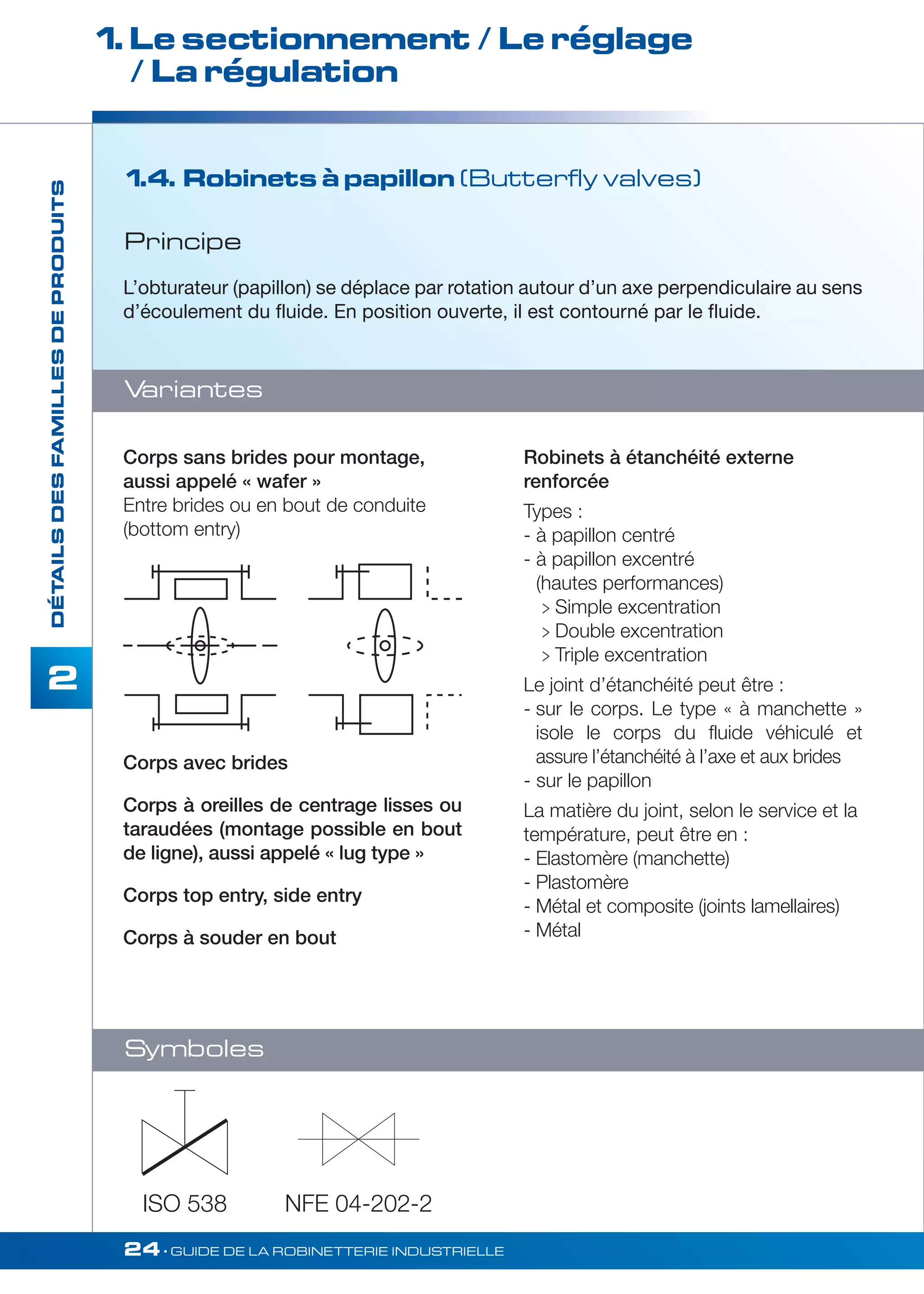 1. Le sectionnement / Le réglage 
/ La régulation 
24• GUIDE DE LA ROBINETTERIE INDUSTRIELLE 
DÉTAILS DES FAMILLES DE PRODUITS 
2 
1.4. Robinets à papillon (Butterfly valves) 
L’obturateur (papillon) se déplace par rotation autour d’un axe perpendiculaire au sens 
d’écoulement du fluide. En position ouverte, il est contourné par le fluide. 
Corps sans brides pour montage, 
aussi appelé « wafer » 
Entre brides ou en bout de conduite 
(bottom entry) 
Corps avec brides 
Corps à oreilles de centrage lisses ou 
taraudées (montage possible en bout 
de ligne), aussi appelé « lug type » 
Corps top entry, side entry 
Corps à souder en bout 
Robinets à étanchéité externe 
renforcée 
Types : 
- à papillon centré 
- à papillon excentré 
(hautes performances) 
 Simple excentration 
 Double excentration 
 Triple excentration 
Le joint d’étanchéité peut être : 
- sur le corps. Le type « à manchette » 
isole le corps du fluide véhiculé et 
assure l’étanchéité à l’axe et aux brides 
- sur le papillon 
La matière du joint, selon le service et la 
température, peut être en : 
- Elastomère (manchette) 
- Plastomère 
- Métal et composite (joints lamellaires) 
- Métal 
Principe 
Variantes 
Symboles 
ISO 538 NFE 04-202-2 
 