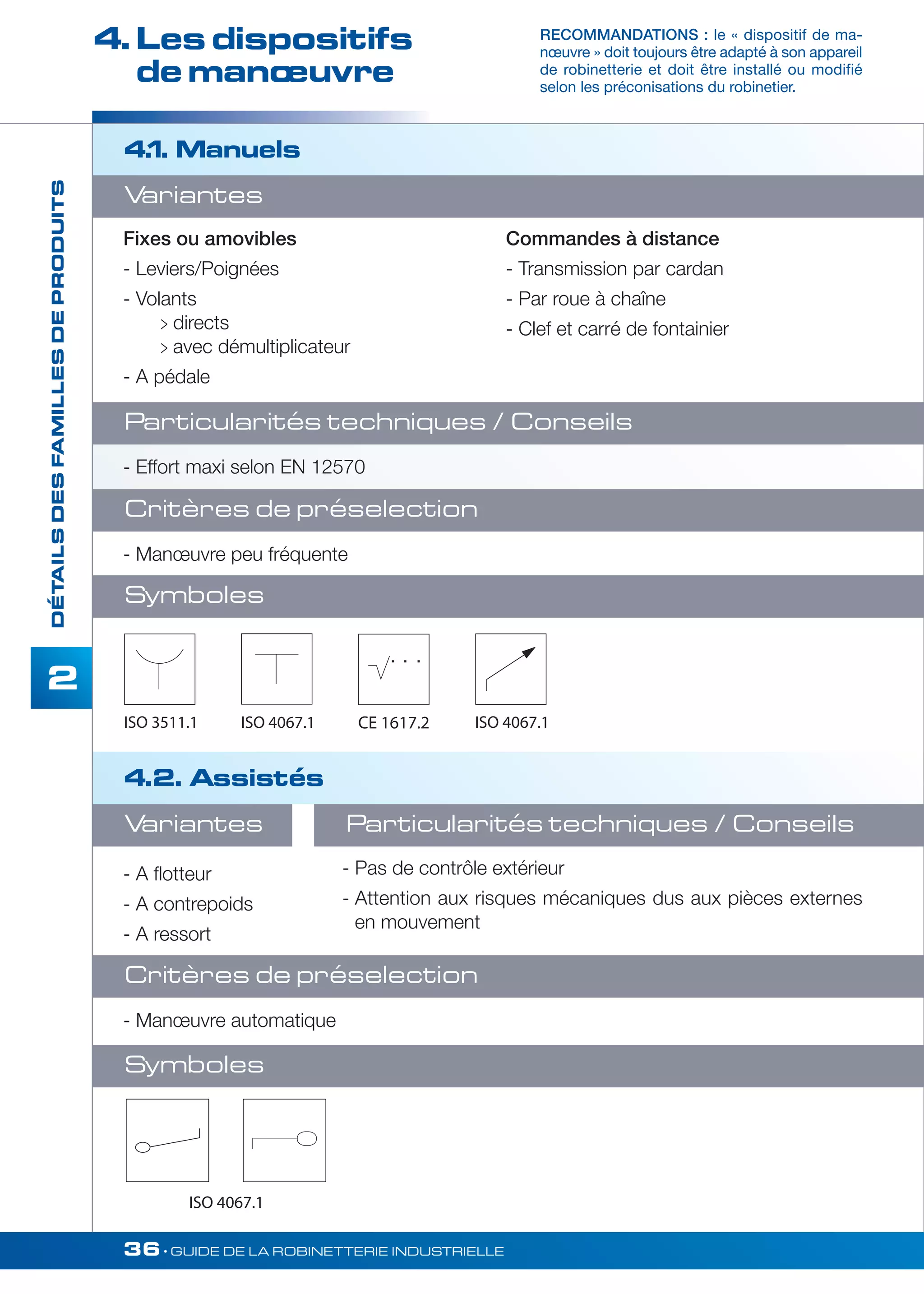 4. Les dispositifs 
de manoeuvre 
Variantes 
Fixes ou amovibles 
- Leviers/Poignées 
- Volants 
 directs 
 avec démultiplicateur 
- A pédale 
Particularités techniques / Conseils 
- Effort maxi selon EN 12570 
Critères de préselection 
- Manoeuvre peu fréquente 
Symboles 
ISO 3511.1 
ISO 4067.1 
36• GUIDE DE LA ROBINETTERIE INDUSTRIELLE 
DÉTAILS DES FAMILLES DE PRODUITS 
2 
RECOMMANDATIONS : le « dispositif de ma-noeuvre 
» doit toujours être adapté à son appareil 
de robinetterie et doit être installé ou modifié 
selon les préconisations du robinetier. 
4.1. Manuels 
4.2. Assistés 
- Pas de contrôle extérieur 
- Attention aux risques mécaniques dus aux pièces externes 
en mouvement 
Critères de préselection 
- Manoeuvre automatique 
Commandes à distance 
- Transmission par cardan 
- Par roue à chaîne 
- Clef et carré de fontainier 
Variantes 
- A flotteur 
- A contrepoids 
- A ressort 
CE 1617.2 
ISO 4067.1 
Symboles 
Particularités techniques / Conseils 
ISO 4067.1 
 